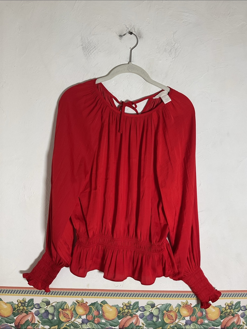 H&M Red Smocked Waist Long Sleeve Blouse Top Size 4